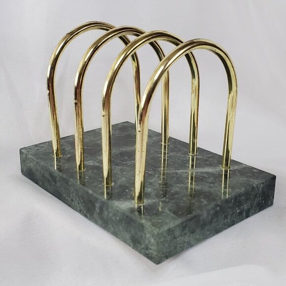 Vintage Green Marble Stone Brass Letter Holder, Vintage MCM Desk Organizer - Picture 3 of 12